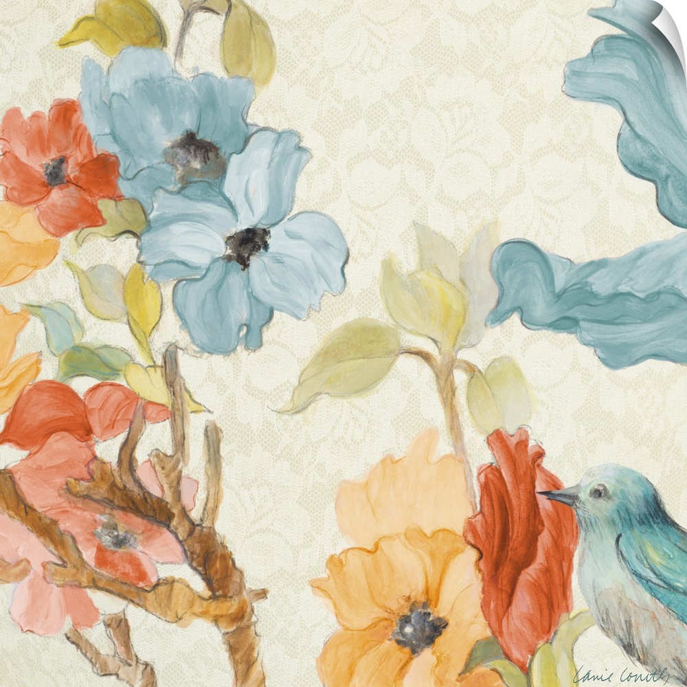 Contemporary painting of beautiful blooming flowers in blue and orange with a small blue bird
