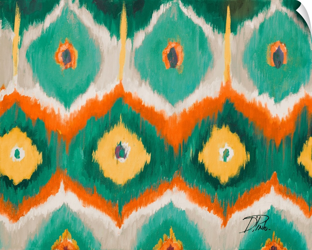 Contemporary painting of an Ikat pattern in vibrant tones of green orange and red.