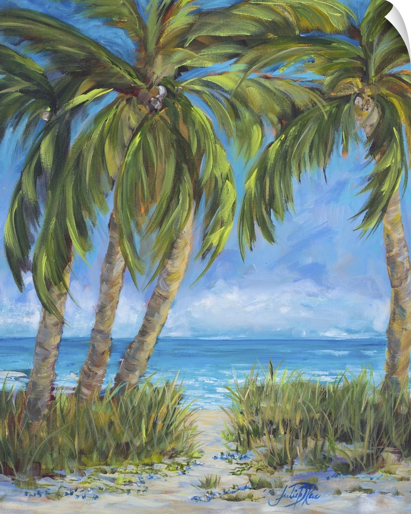 Contemporary painting of a relaxing beach scene with several palm trees swaying in the wind and a blue ocean behind them.