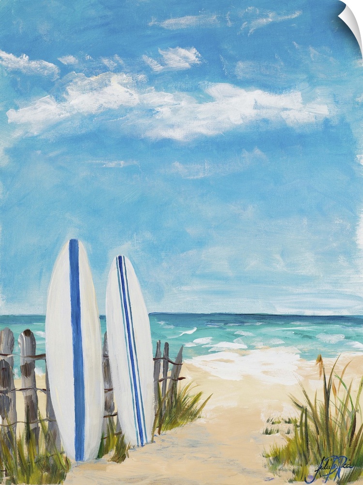 Contemporary painting of two surf boards standing up against a wooden fence on the beach.
