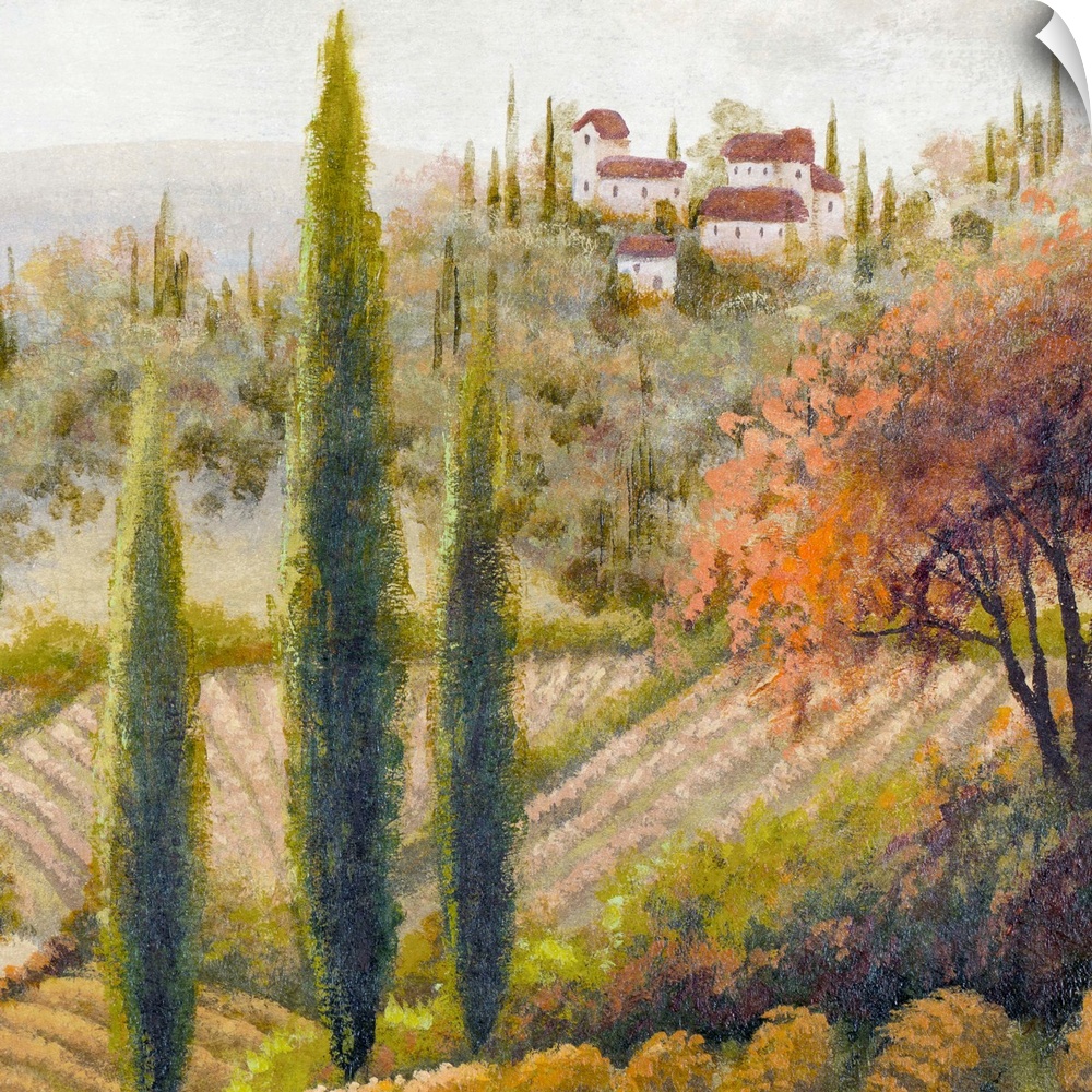 Cypress trees grow between fields of grape vines and Italian villas in the country side of this painted landscape decorati...