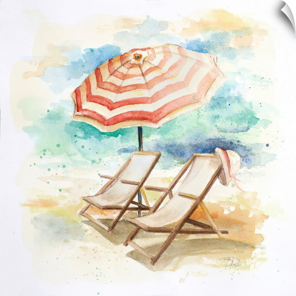 Watercolor painting of two beach chairs and a striped umbrella in the sand.