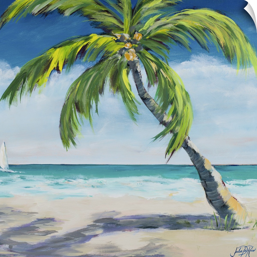 Square painting of a relaxing coastal scene with a sandy beach and a big palm tree with a sailboat in the distance.