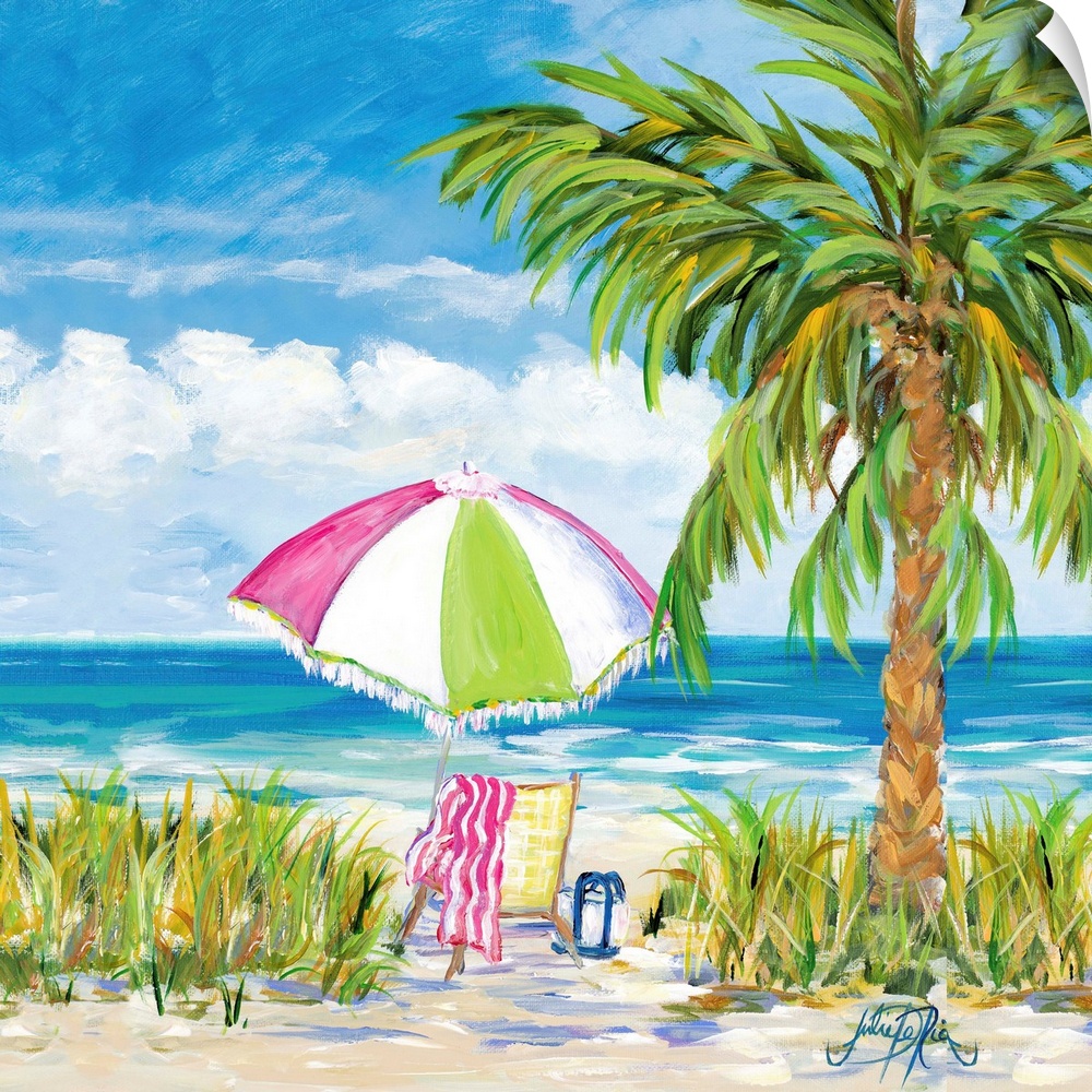 Square painting of a relaxing beach scene with a chair and a colorful umbrella set up next to a palm tree and beach grass,...