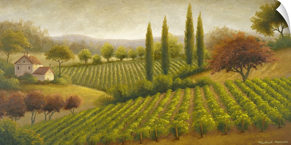 Contemporary painting of a serene Tuscan countryside with tall cypress trees, rows of grapevines and a small farmhouse.