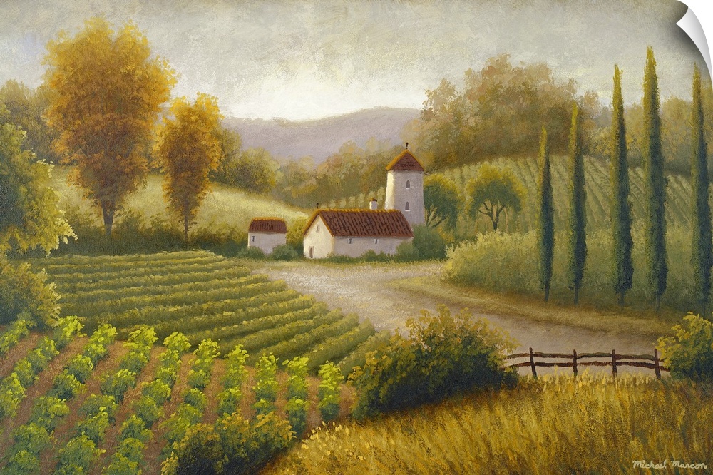 This is horizontal painting by a contemporary artist showing crops growing in the country side around a rustic farm house ...