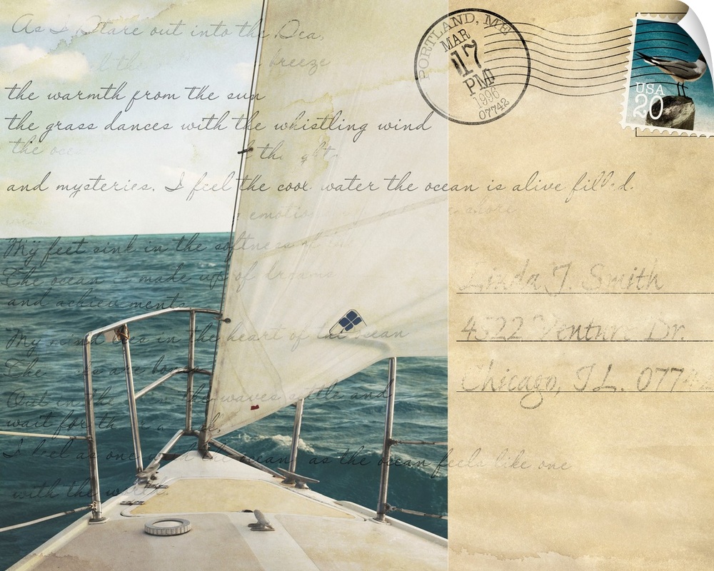 Big print of a postcard with the front tip of a sailboat sailing in the ocean on the left and handwriting overlaid on top.