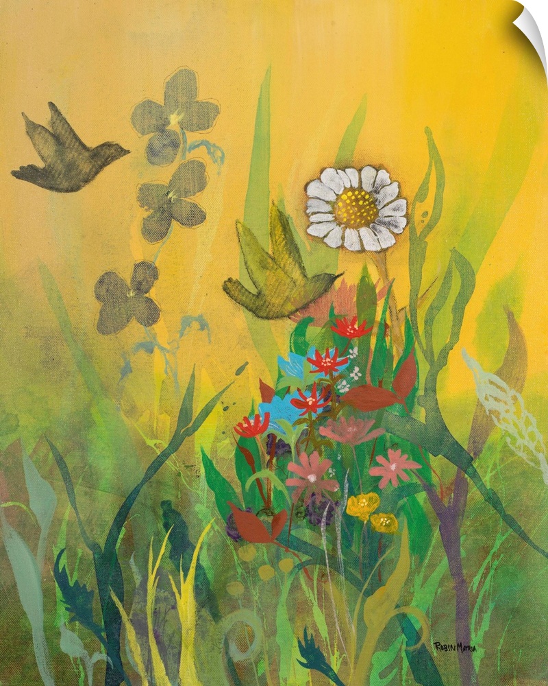 Contemporary painting of a daisy and other flowers in a garden with two small birds.