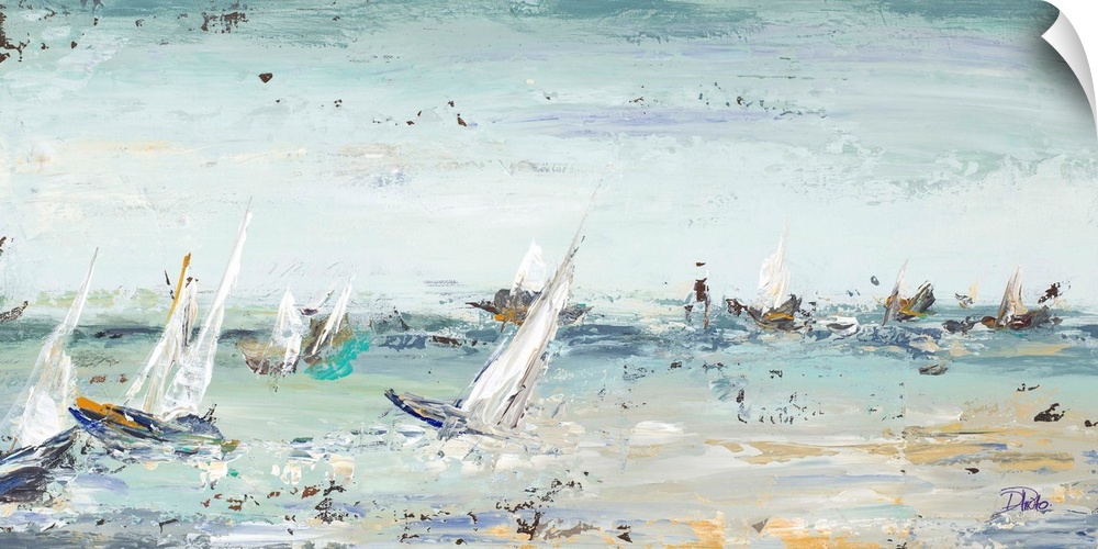 Contemporary painting of several sailboats in the middle of the ocean with some rough waves and visual paint texture.