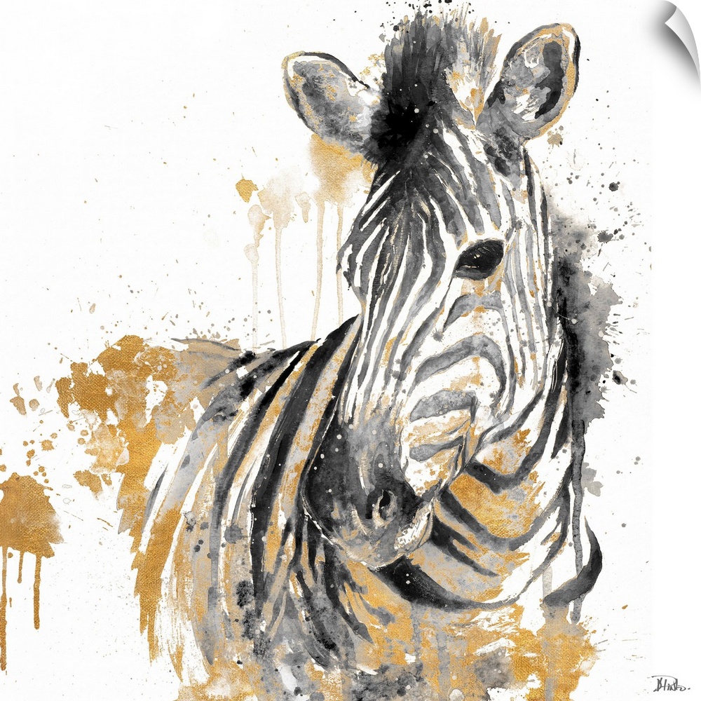 Watercolor painting of a zebra embellished with gold and paint splatters.
