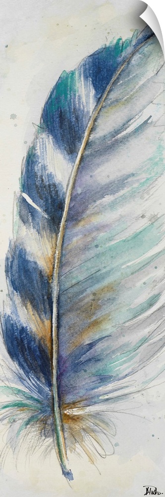Watercolor painting of a pointed, striped feather.