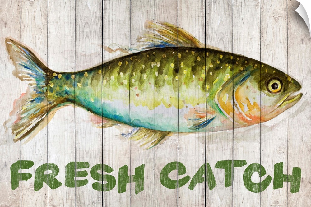 Painting of a fish on wooden boards with "Fresh Catch" written underneath.