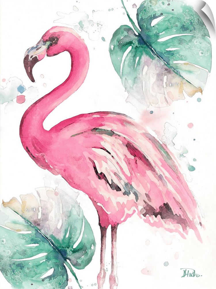 A watercolor painting of a pink flamingo and two big green leaves.