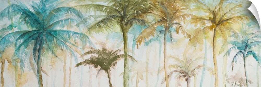 A tropical watercolor painting of tan, blue, green, and yellow palm trees.