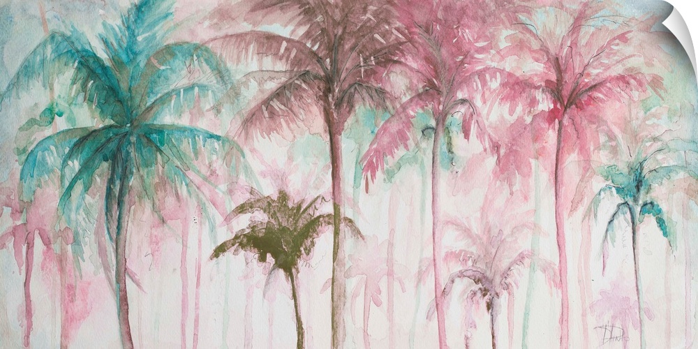 A watercolor painting of pink and blue palm trees.