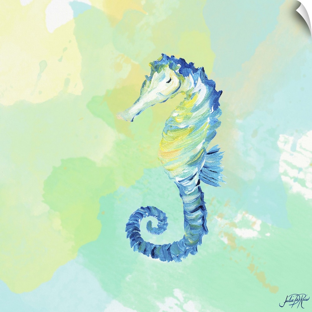 A watercolor painting of a blue seahorse.