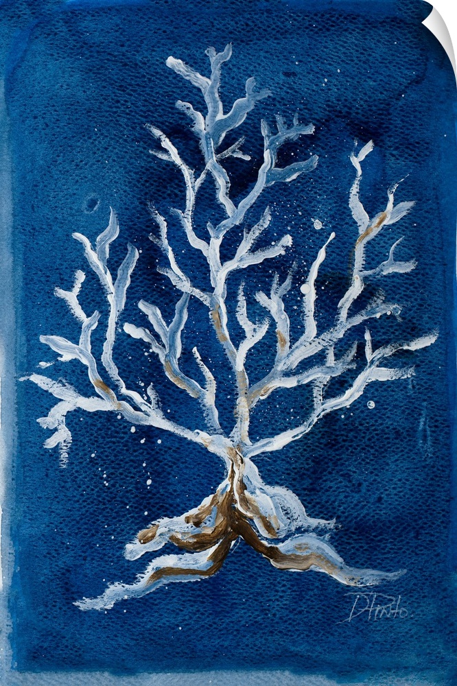 A contemporary painting of white corals on a deep blue background.