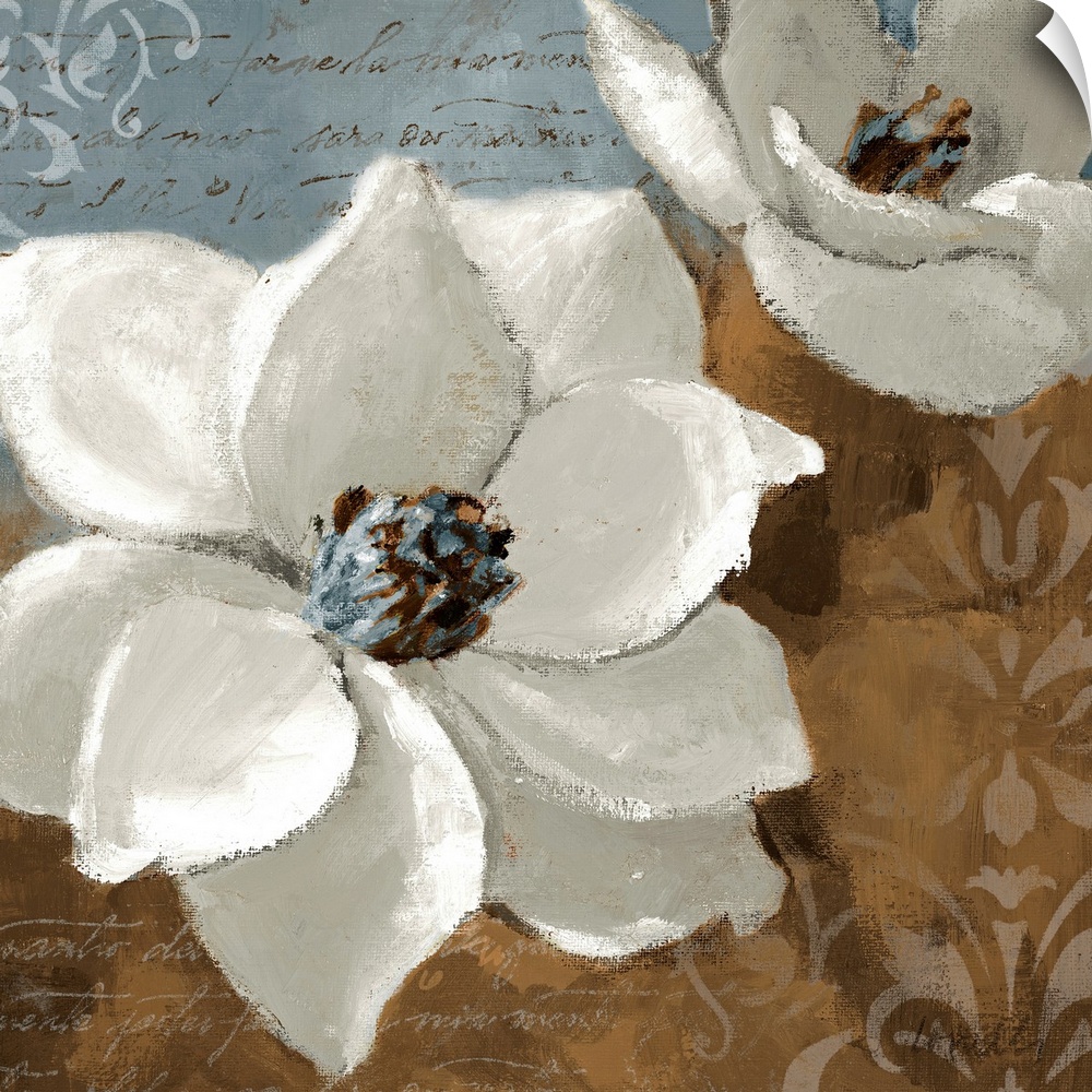 Square wall art of two flower blossoms painted on decorative backgrounds containing hand written words.