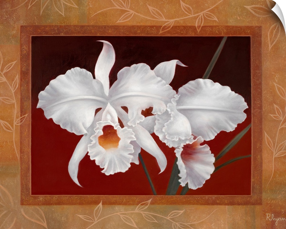 Artwork of large white orchids that are framed and surrounded by a delicate design of leaves on a branch.