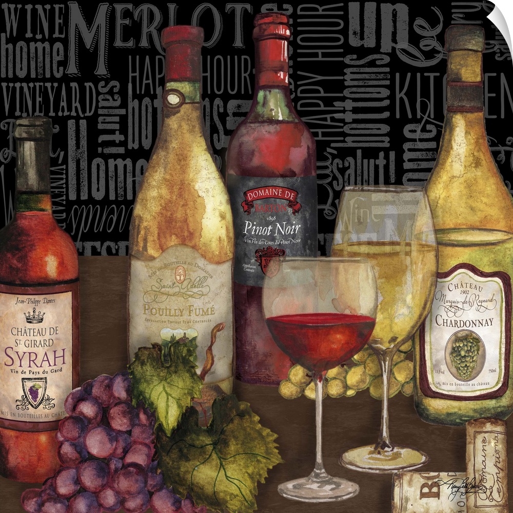 A still life painting of wine bottles, glasses of wine, and grapes with wine associated words painted in the background.