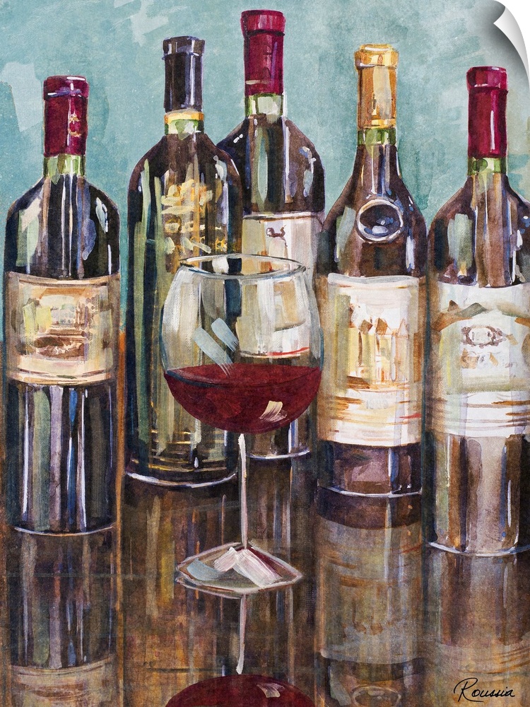 Vertical, large wall painting of a five bottles of wine sitting on a reflective, smooth counter top, with a single glass o...