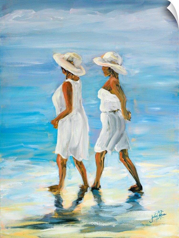 Painting of two women in white walking along the water's edge.