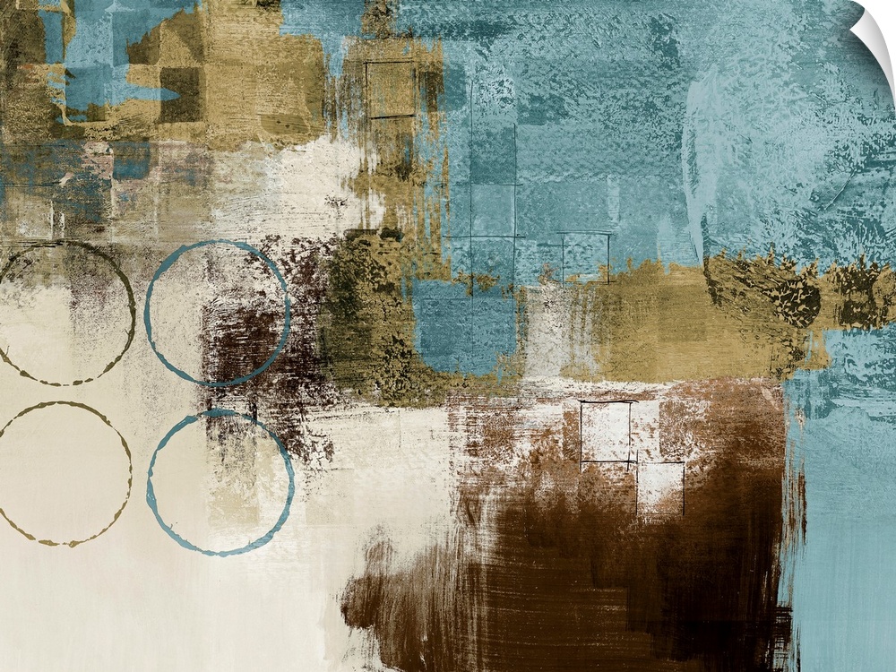 Abstract painting of various colors over a textured background and four circle outlines on the left.
