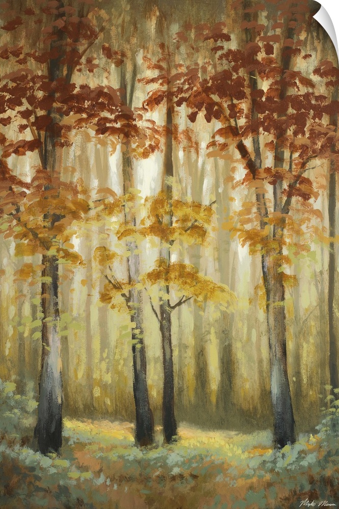 Contemporary painting of an autumn foliage forest illuminated in a soft glow.