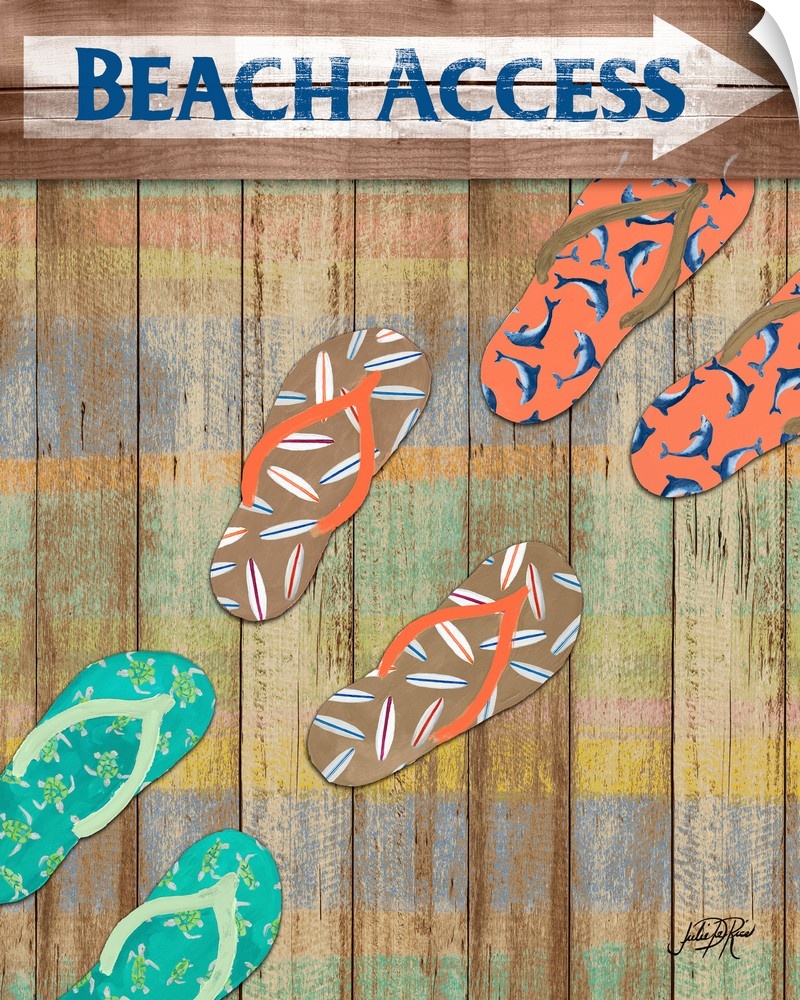 Beach themed painting with decorative flip flops on a wooden background with colorful faded stripes and "Beach Access" wri...