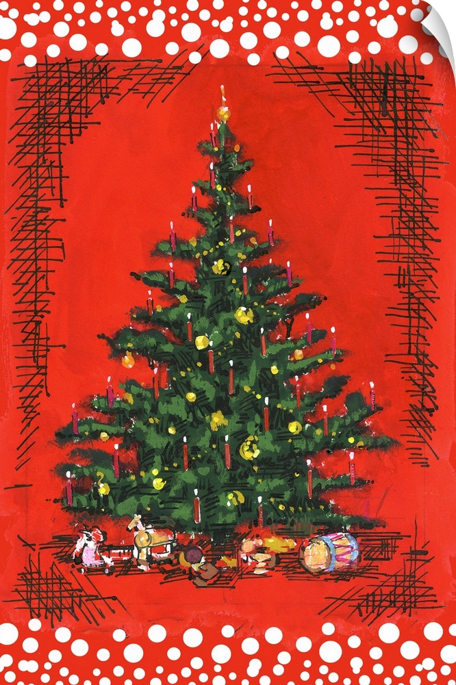 Painting of a Christmas tree with candles and presents on red.