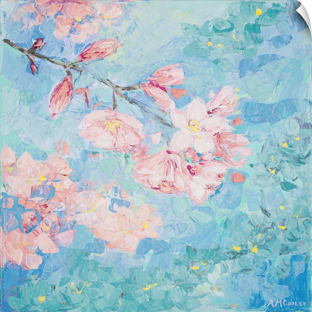 Contemporary painting of little pink flowers on the ends of branches against a blue background.