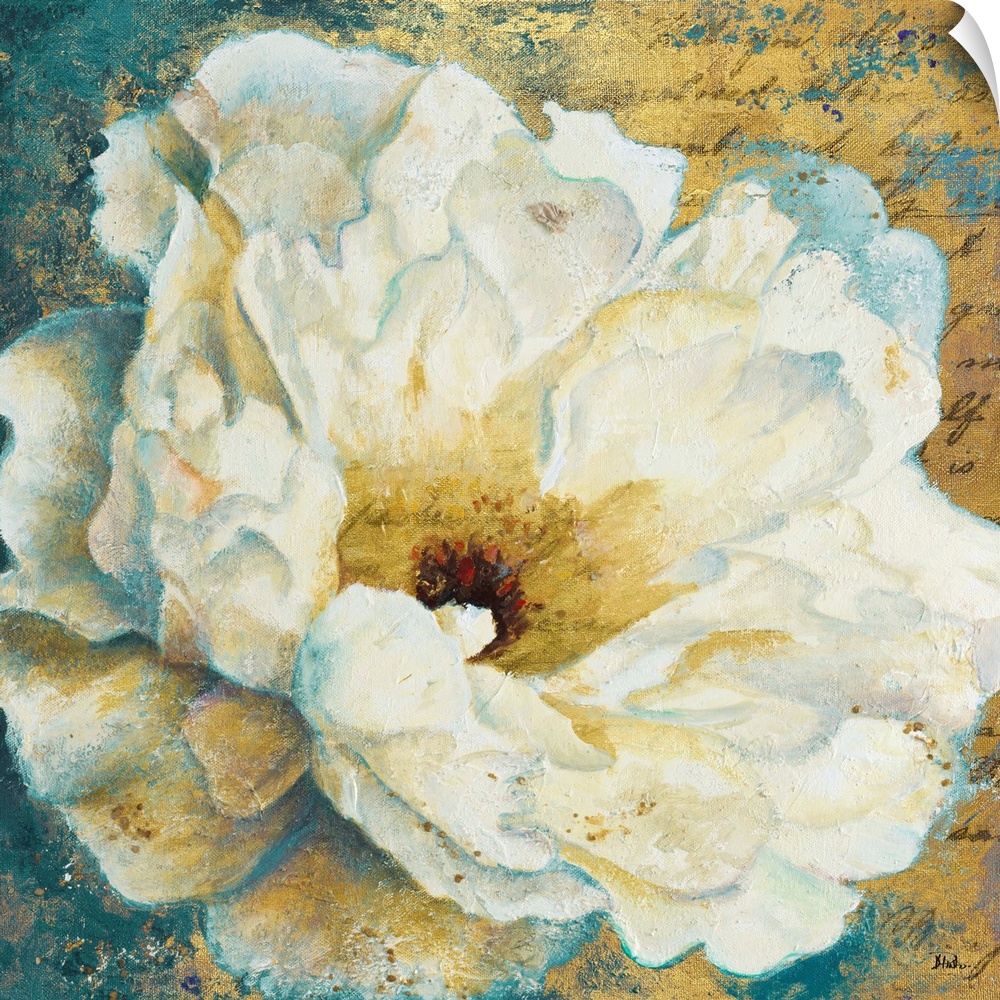 Contemporary painting of a large white peony flower.