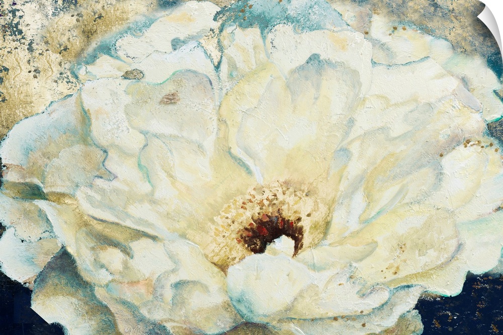 Contemporary artwork of a fluffy white peony flower with speckling textures throughout.