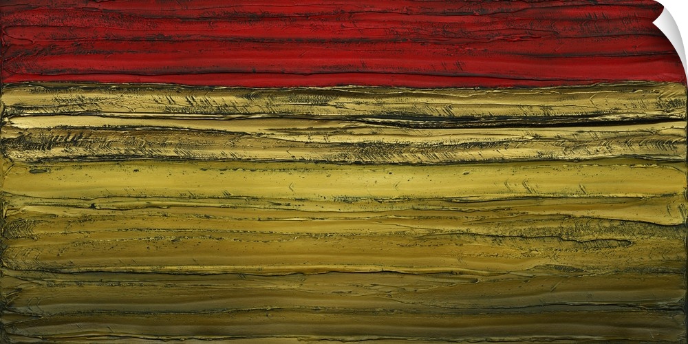 Large abstract painting with horizontal brushstrokes in gold and dark red.