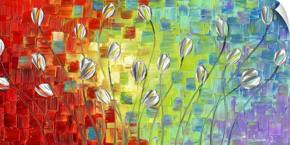 Large abstract painting with silver long stemmed tulips on a colorful background.