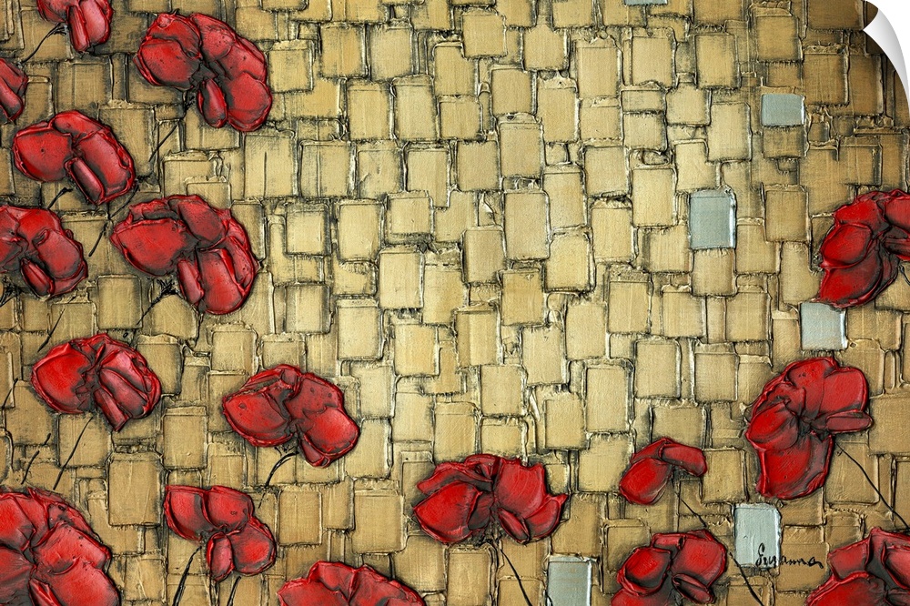 Abstract red poppy flowers on a textured gold background created with layered square brushstrokes and a few silver squares.