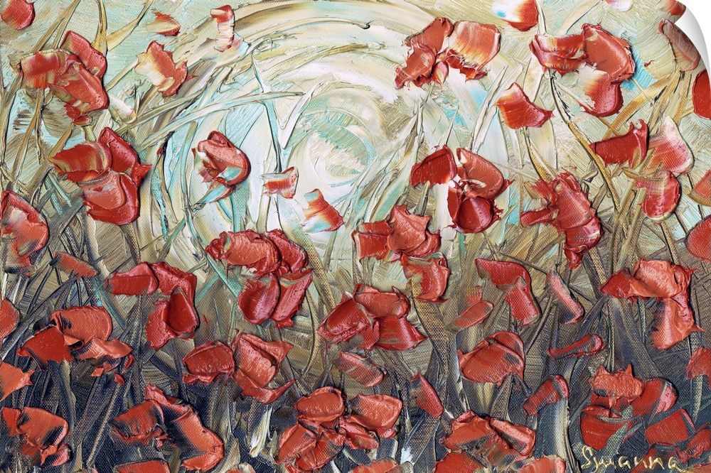 Contemporary painting of amber poppies in a field with yellow and light blue hues in the background.