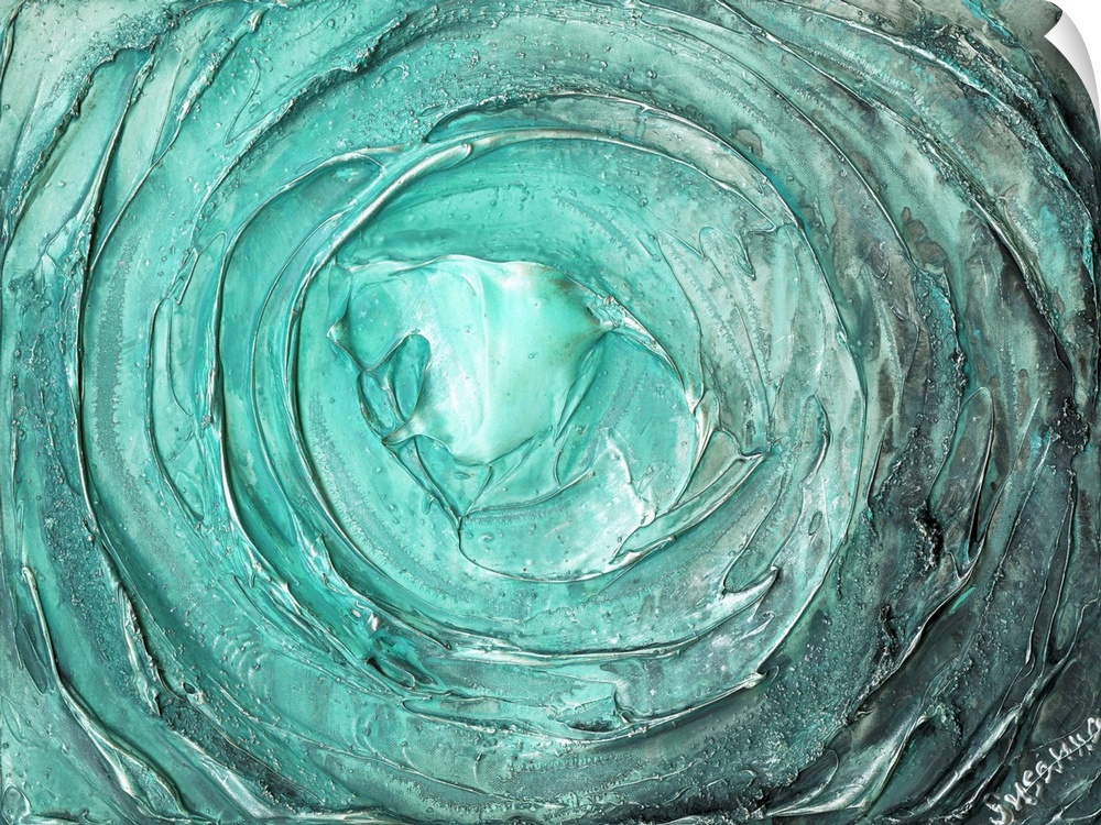 Large abstract painting with thick circular strokes and layers of paint in aqua and silver.