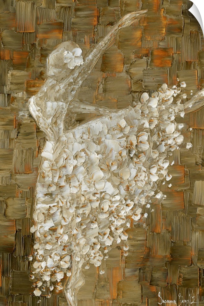 Painting of a ballerina in a white ball gown on an abstract background of cool brown and rust shades.