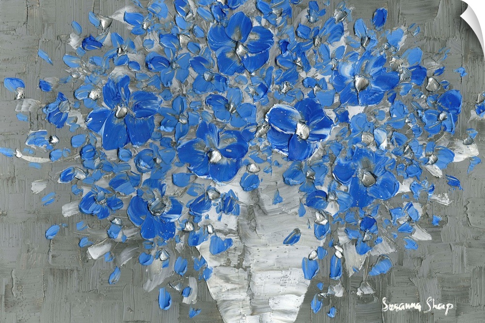 Contemporary painting of a bouquet of blue flowers with silver highlights in a white vase with a gray textured background.