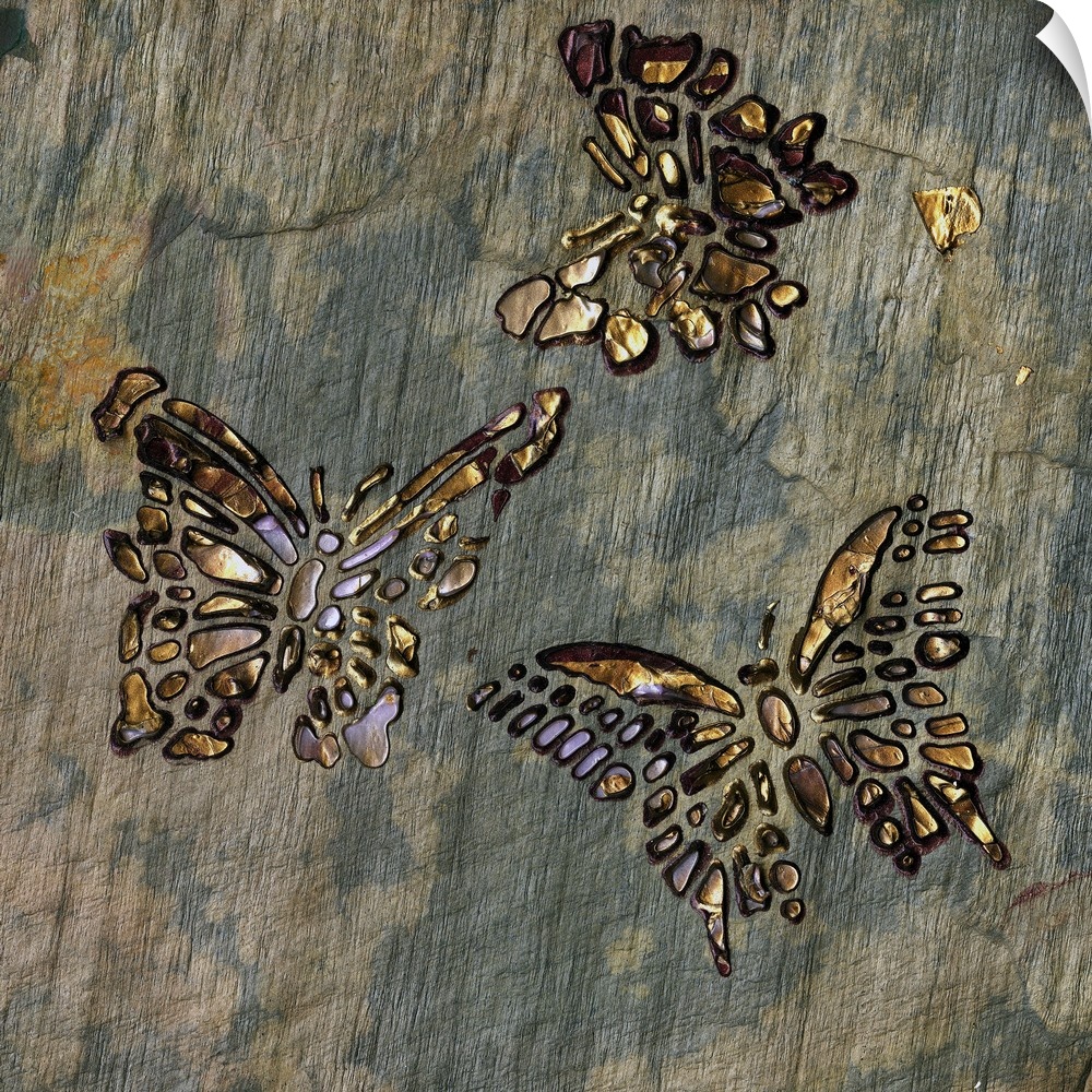 Square painting with three butterflies made out of non connecting shapes, in gold and lavender shiny hues on a stone textu...