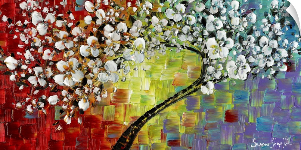 White cherry blossom tree on a multicolored background created with square-like brushstrokes.