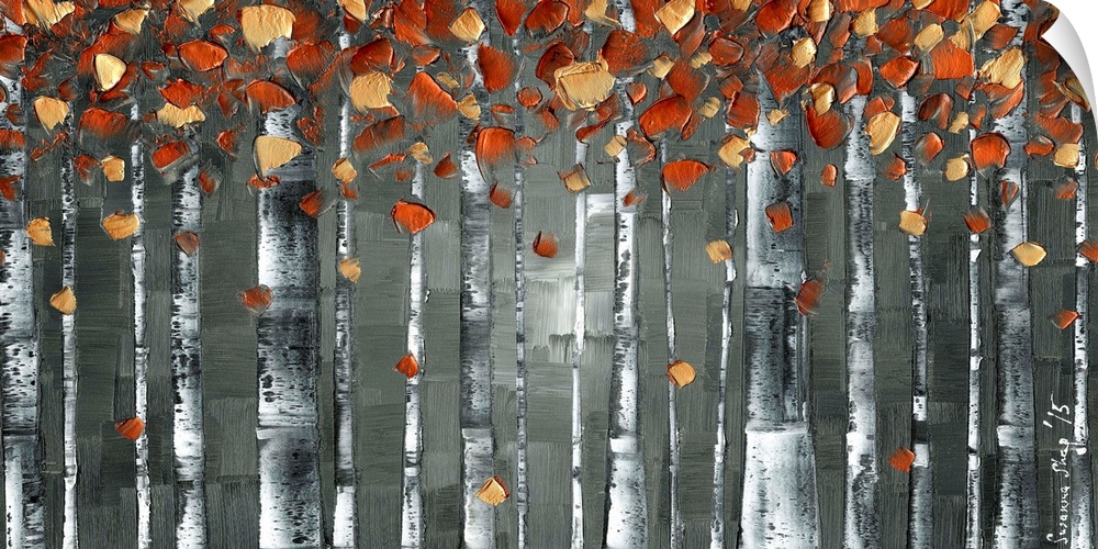Copper orange on charcoal gray, white birch tree trunks landscape art
