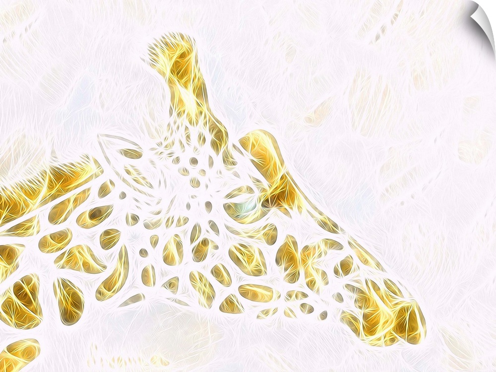 Abstract digital illustration of a giraffe created with thin intertwining lines in gold and white.