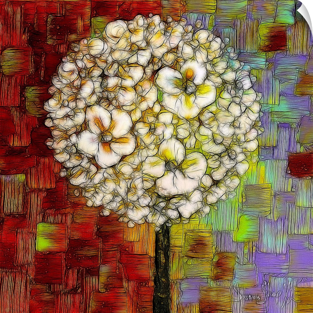 Square digital illustration of a white blossom lollipop tree on a colorful background created with layered squares in red,...