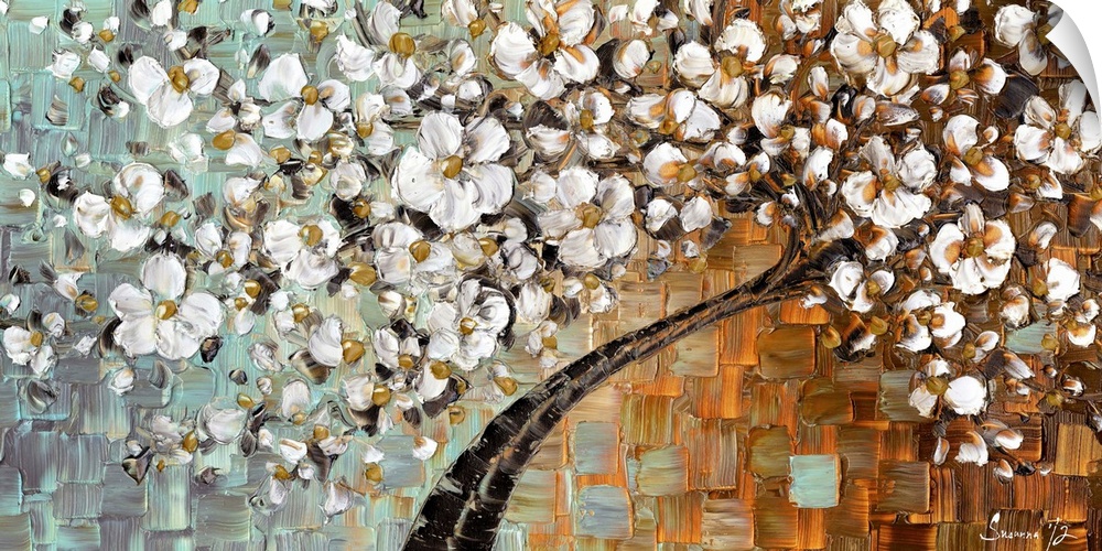 Large painting of a tree with white flowers all over on a blue, orange, and brown background created with layered squares.