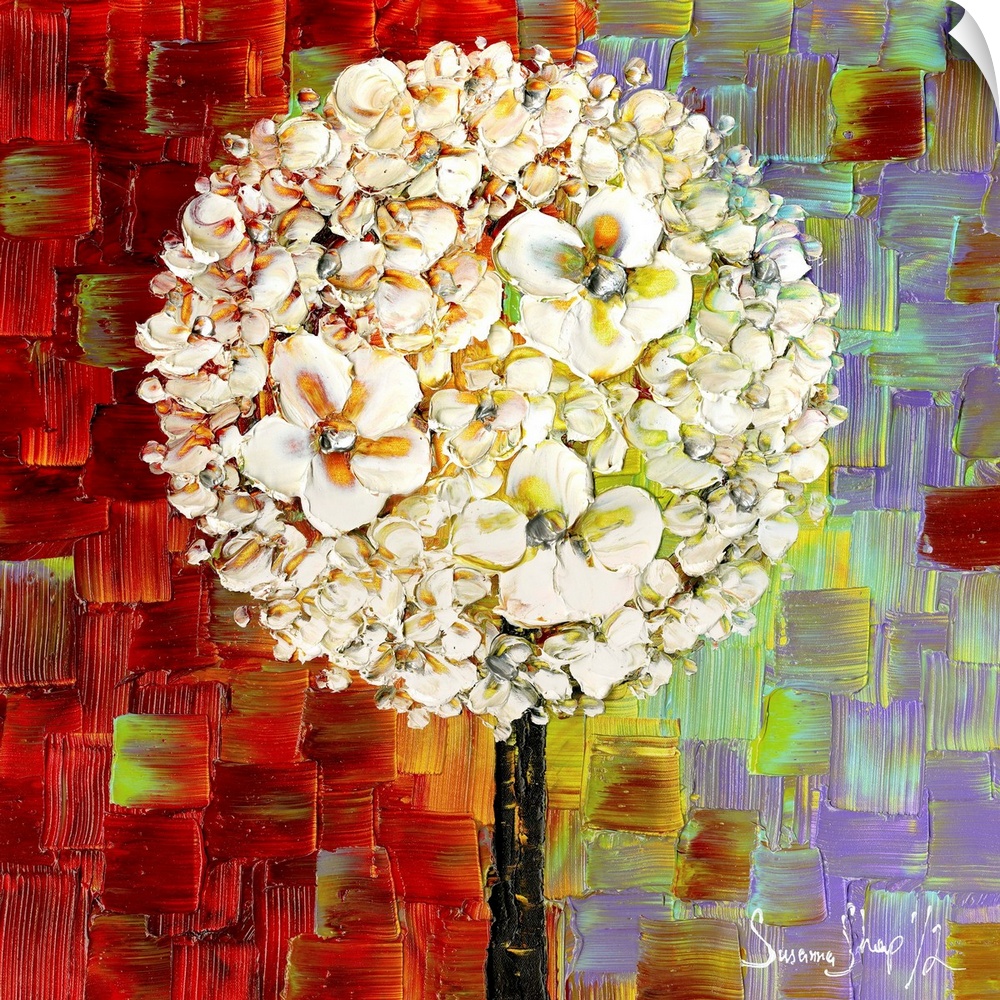Square painting of a white blossom lollipop tree on a colorful background created with layered square brushstrokes in red,...