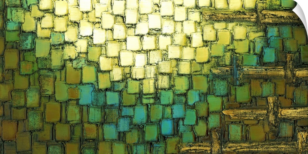 Yellow, green, blue, brown, and gold toned abstract painting created with layered square brushstrokes.