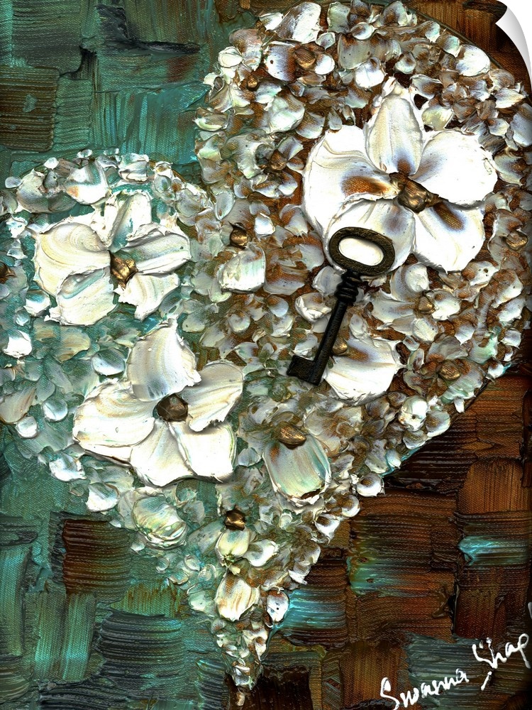 Contemporary painting of a heart created with white flowers layered together with larger flowers in the middle with an ant...