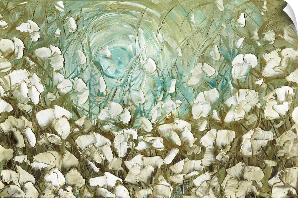 Large abstract painting with white flowers on a green and blue background.